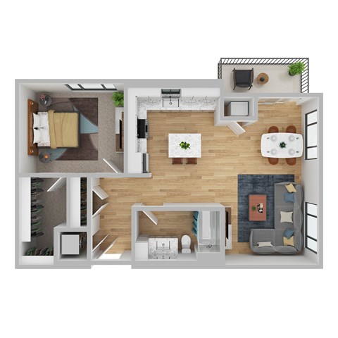 A top-down view of a modern apartment layout with a kitchen, living room, and bedroom.